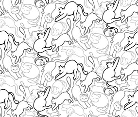 Fototapeta premium Abstract Hand Drawn Line Drawing Cute Cats Seamless Vector Pattern Isolated Background
