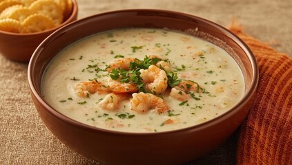 Steaming New England clam chowder served with shrimp crackers and parsley