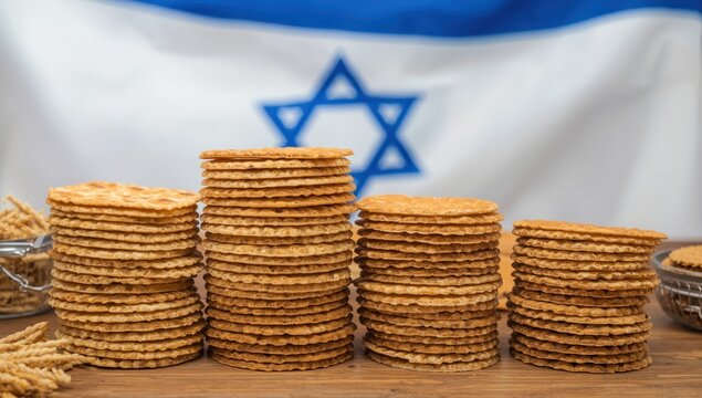 Stacks of matzah, the Passover bread replacement, against an Israeli flag backdrop