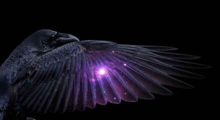 Majestic black crow spreads its cosmic wings revealing a galaxy with stars and a glowing purple nebula against a dark background.