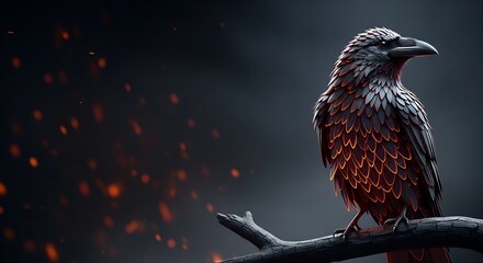 Fierce raven perched on branch with fiery sparks in the background symbolizing mystery and darkness in a hauntingly beautiful scene.