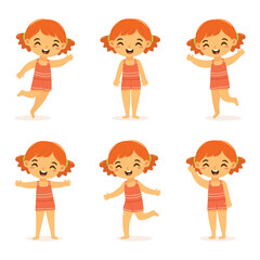 Set of cute and happy girl stays and runs in bathing suits  in different poses on white background. Poster, Banner, Flyer, Summer time. Vector illustration in flat cartoon style