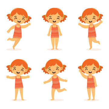 Set of cute and happy girl stays and runs in bathing suits  in different poses on white background. Poster, Banner, Flyer, Summer time. Vector illustration in flat cartoon style