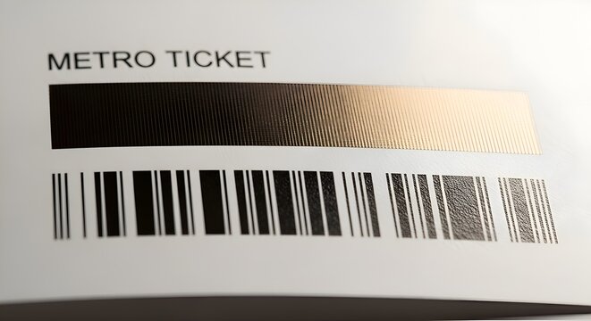 Close-up of a metro ticket with barcode and foil strip on white background
