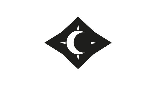A geometric emblem with a crescent moon at the center of a diamond-like shape