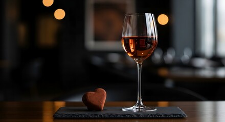 Romantic evening setup with a glass of rose wine and heart shaped chocolate on a wooden table