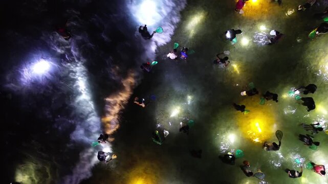 Top-down aerial video shows crowds of people catching sea worms with nets in the ocean at night. People have lights around them. the Bau Nyale Festival in Lombok, Indonesia.