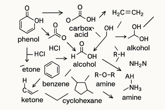 Flat Vector Organic Chemistry Reaction Map &ndash; Phenol, Carboxylic Acid, Alcohol, Ketone, Benzene and Amine Derivatives Scheme