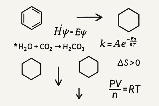 Chemical Reaction Scheme with Benzene to Cyclohexane, Thermodynamic Equations and Formulas &ndash; Scientific Vector Illustration