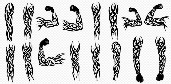 Set of tribal tattoo designs for full arm and bicep sleeves, featuring intricate patterns and abstract shapes, isolated on a transparent background.
