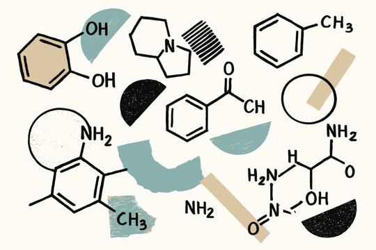 Abstract Collage of Organic Chemistry Functional Groups and Molecular Fragments Illustration