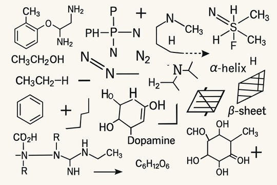 Chemistry and biochemistry seamless pattern with molecular formulas, dopamine structure and protein alpha helix and beta sheet diagrams on light background.