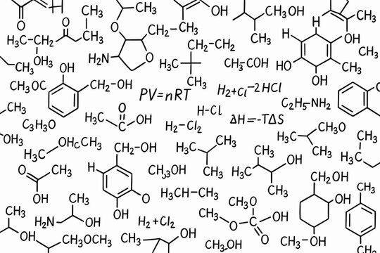 Complex Organic Chemistry Formulas and Molecular Structures &ndash; Scientific Background Pattern Vector Illustration