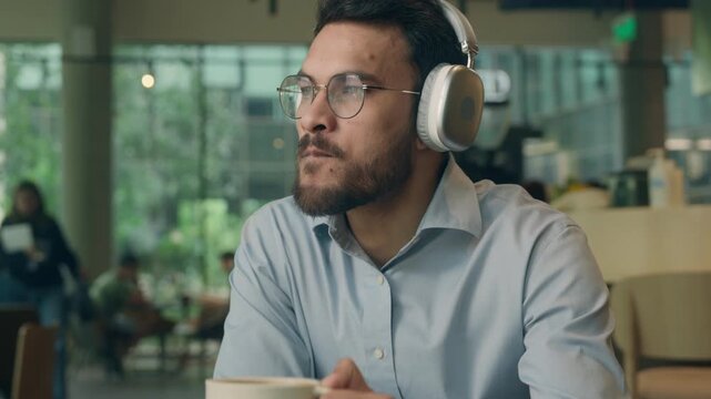 Muslim business man Indian businessman in cafe drink coffee drinking wearing headphones song sound Arabian guy male relaxing in restaurant pause weekend listen music cheerful visitor carefree client