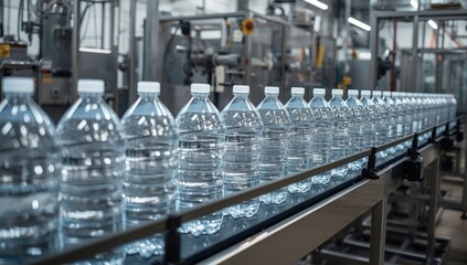 Naklejka premium Vacant plastic containers on conveyor machinery in a water production facility