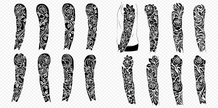 Set of black and white tattoo sleeves with intricate floral and abstract patterns for body art designs.