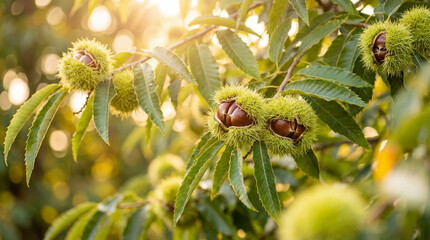 Ch&acirc;taignes m&ucirc;res dans leurs bogues &eacute;pineuses sur une branche de ch&acirc;taignier ensoleill&eacute;e