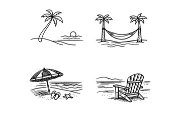 Hand drawn beach scene set with palm trees, hammock, umbrella and chair by the sea. Black sketch style summer vacation illustrations isolated on light background.