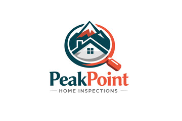 PeakPoint Home Inspections logo with mountain, house and magnifying glass. Professional real estate inspection branding in modern blue and orange vector style.