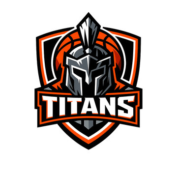 Titans basketball team logo with Spartan helmet and shield badge. Bold orange and black sports emblem with strong typography for club branding and mascot identity.