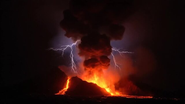 Volcanic Eruption with Lightning and Lava Flow at Night.