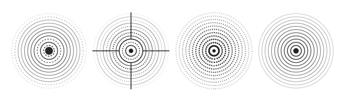 Set of black rings with sound waves, interrupted lines and dots. Sonar rings with radial lines. Radar icon, target, epicenter.  Pulsating signal. Vector concentric vortex circles.