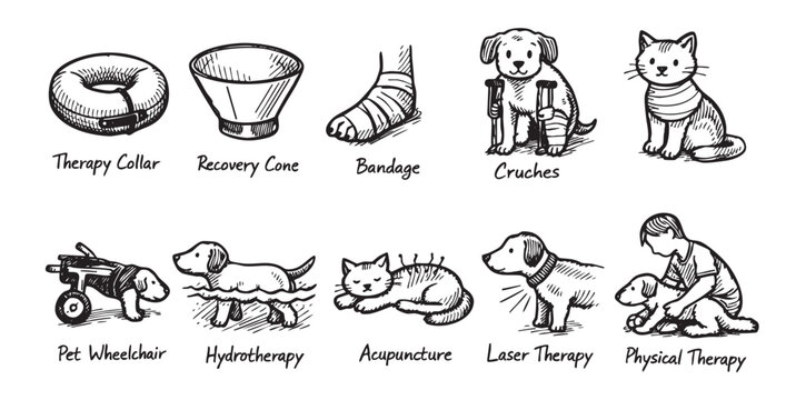 Collection of doodle-style illustrations showcasing various pet rehabilitation and therapy methods. Suitable for veterinary websites, educational material, and pet care publications.