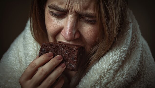 Unknown woman in a white blanket consuming chocolate cake. Themes: overeating, eating disorders with sugary carbs, emotional distress, and negative news