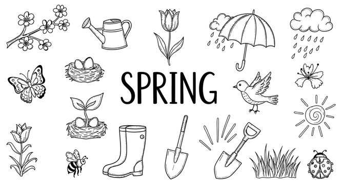 Collection of hand-drawn spring icons including flowers, birds, and gardening tools