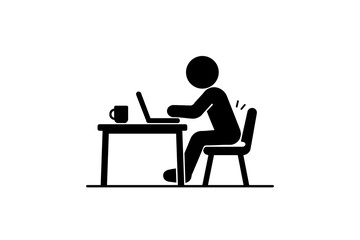 Fototapeta premium Office worker sitting at desk with laptop and back pain sign. Ergonomics and sedentary lifestyle concept in flat black silhouette isolated on light background.