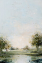 Impressionist landscape oil painting featuring trees in a serene meadow with a calm reflecting pond and light sky