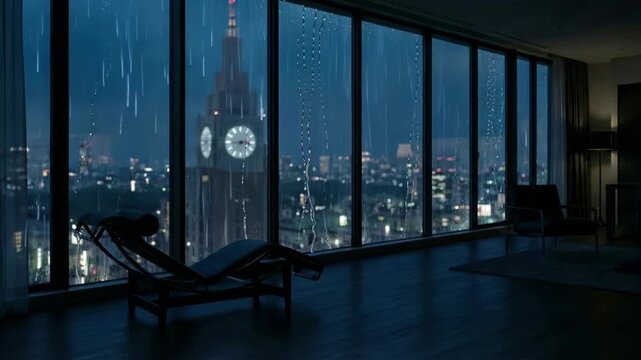 Generative AI: Rainy Tokyo night city view from luxury apartment window, dark interior room with rain on glass, lofi chill background, seamless loop