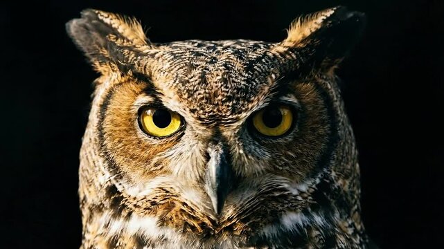Extreme close-up portrait of a Great Horned Owl face. Detailed view of yellow eyes and feathers against a black background. Wildlife portrait