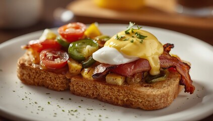 Toasted whole wheat bread with vegetables, bacon, and eggs or eggs benedict for breakfast