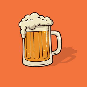 Vector illustration of a cartoon illustration of a beer mug with foam on top on orange background