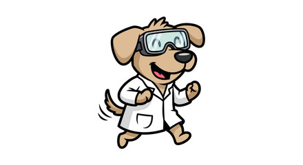 Happy cartoon dog wearing a white lab coat and goggles.