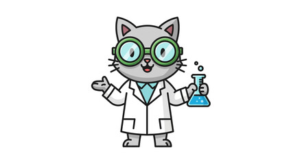 Cute cartoon cat scientist character holding a flask with blue liquid.