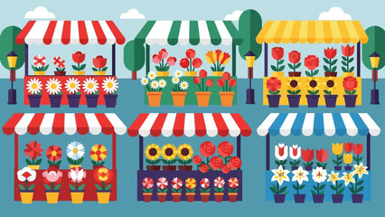 Vibrant Flower Market Stalls with Assorted Blooms and Potted Plants.