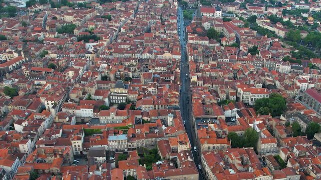 An Aerial panoramic view of the old town of the city Riom on a sunny summer morning in France.