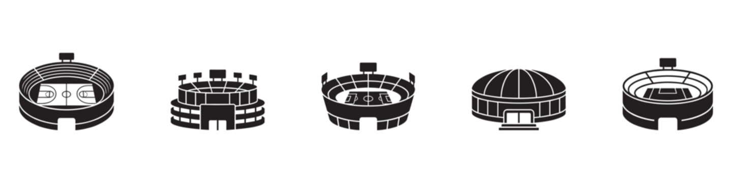 Stadium silhouette icons, sports arena vector set, football and soccer venue illustration, architectural design collection, isolated graphic pack. Vector Illustration.