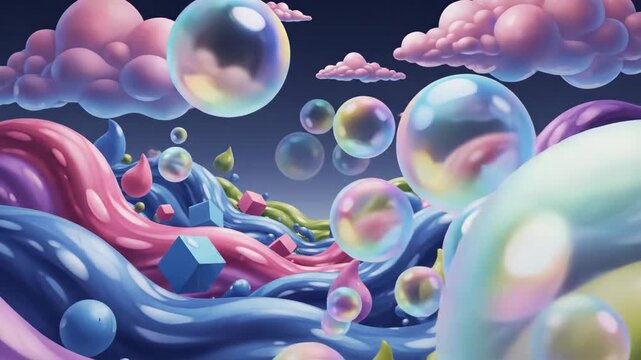 Surreal abstract landscape with flowing liquid, cubes, and iridescent bubbles