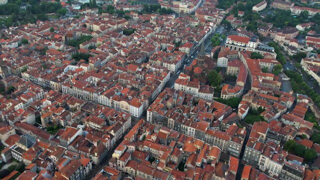 An Aerial panoramic view of the old town of the city Riom on a sunny summer morning in France.