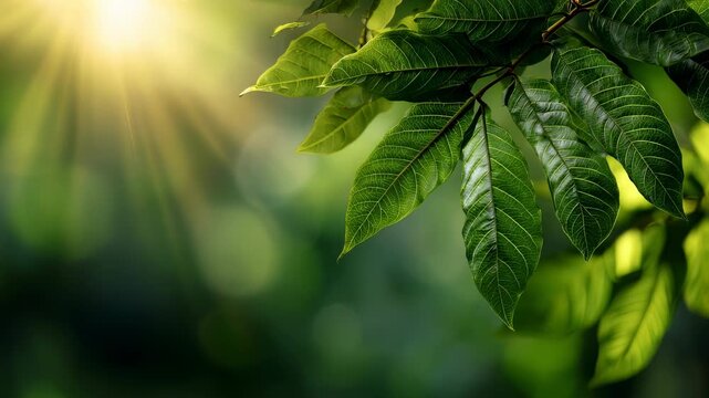 Close up green leaf in sunlight with bokeh, blurred greenery background, natural plant texture with copy space, ecology wallpaper backdrop