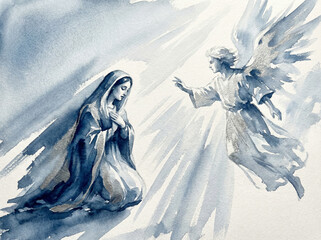 Biblijna scena zwiastowania Maryi. Ilustracja, grafika, akwarela © Monika