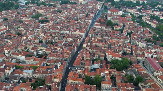 An Aerial panoramic view of the old town of the city Riom on a sunny summer morning in France.