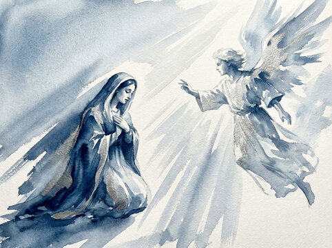 Biblijna scena zwiastowania Maryi. Ilustracja, grafika, akwarela