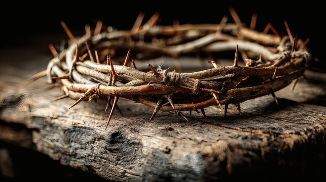Crown of thorns on weathered wood with dramatic lighting