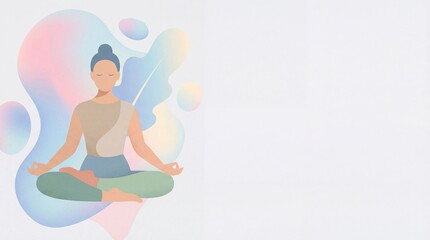 Minimalist flat illustration of a woman meditating in a lotus pose with abstract pastel shapes. Aesthetic background for 2026 wellness and mindfulness branding and stock photography.