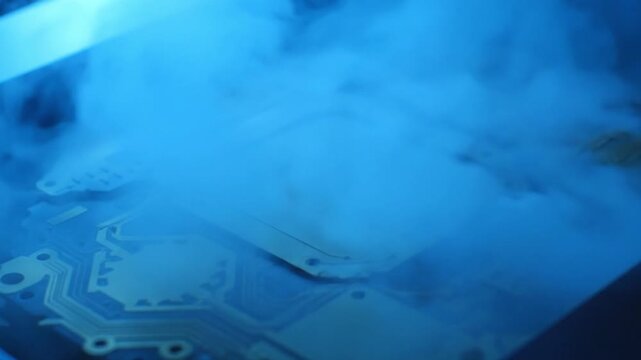 Close-up of a circuit board with smoke, representing advanced technology and potential overheating issues in electronics.