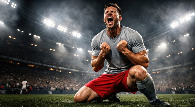 Soccer player kneeling on stadium field screaming in powerful victory moment. Concept of championship celebration, sports advertising campaign, betting promotion, and team success branding.